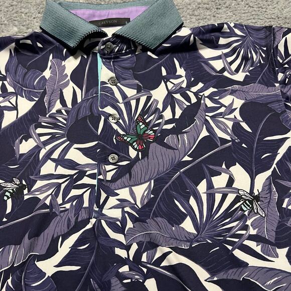 Greyson Golf Polo Shirt Mens Large Purple Lost World Abyss Tropical Butterfly - Picture 2 of 8